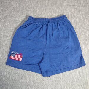 VINTAGE Speedo Shorts Size Large Blue Cotton Embroidered Flag Patriotic America